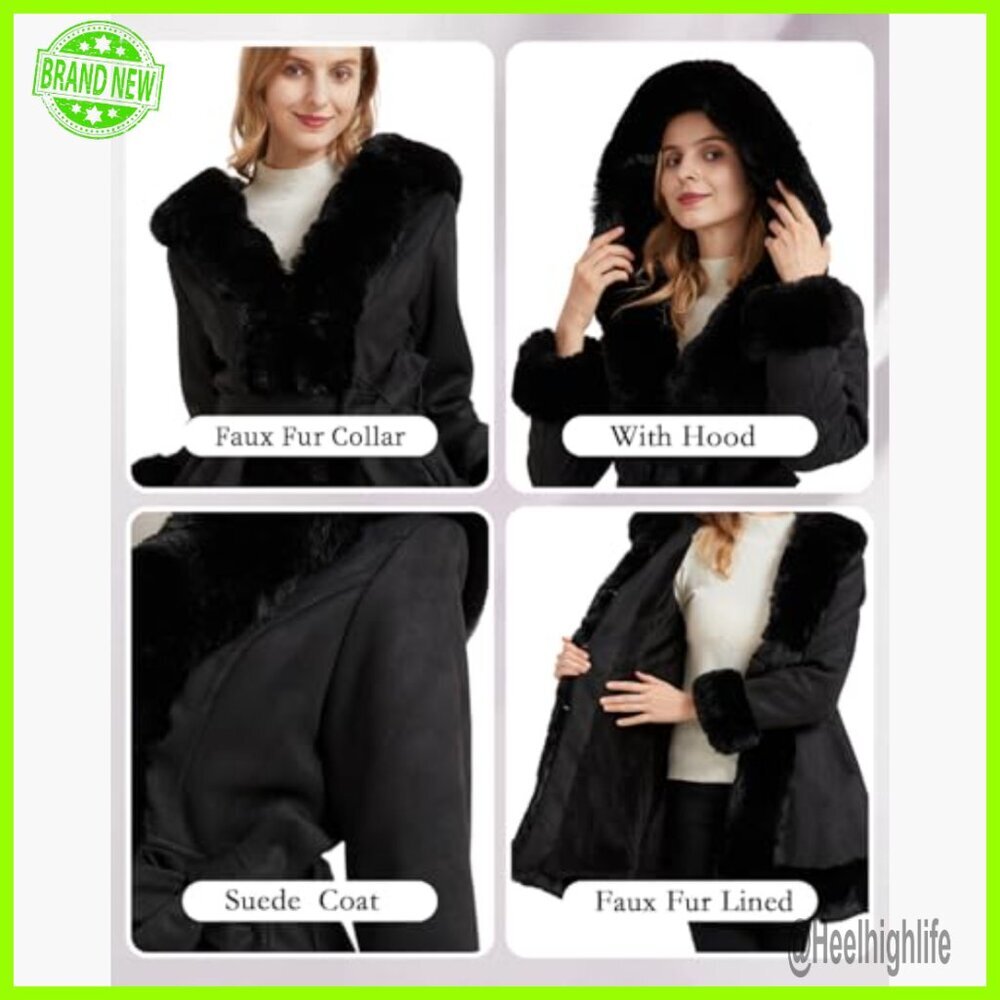 Slim Fit Faux Fur Collar Trench Coat with Belt, Long Sleeve Winter Parka - Picture 4 of 6